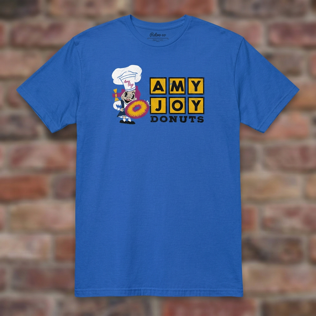 Amy Joy Donuts Royal T-shirt flat lay on brick background