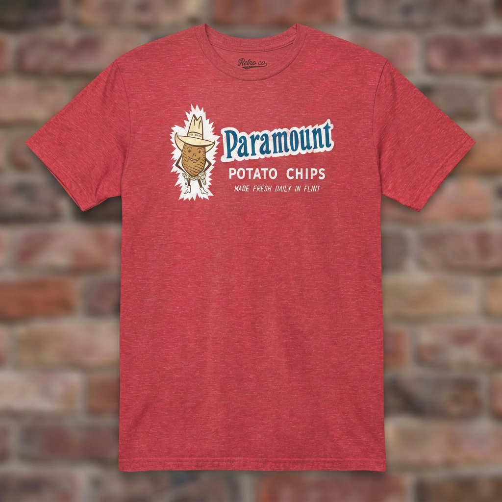 Paramount Potato Chips Heather Red T-shirt flat lay on brick background