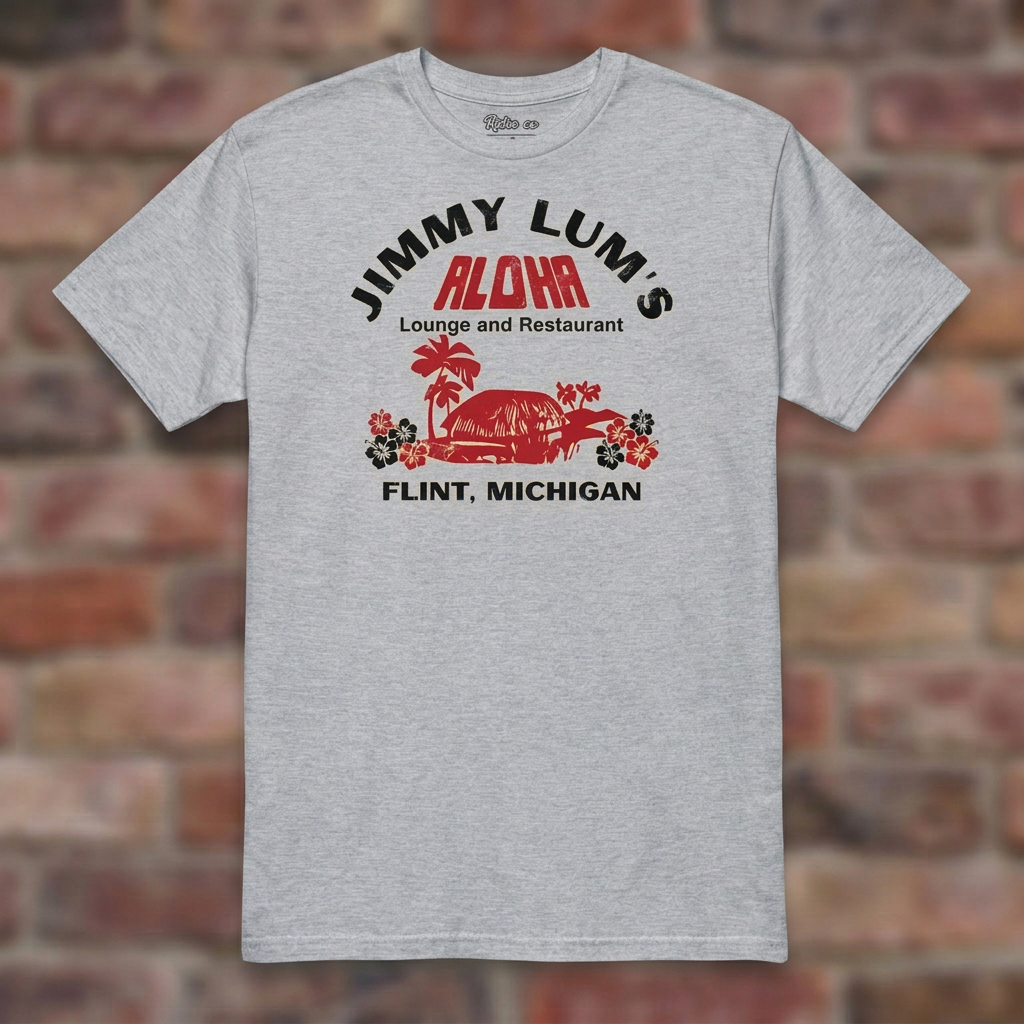 Jimmy Lum's Sport Grey T-shirt flat lay on brick background