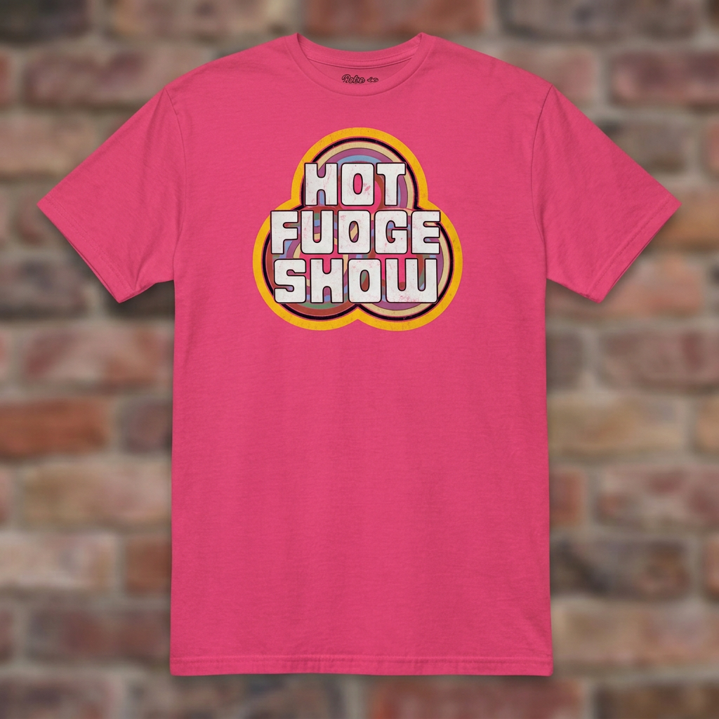 Hot Fudge Show Heliconia T-shirt flat lay on brick background