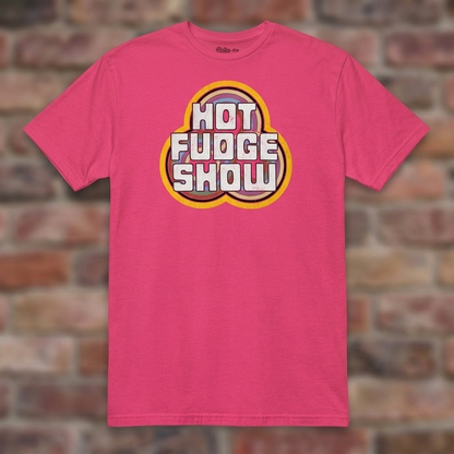 Hot Fudge Show Heliconia T-shirt flat lay on brick background