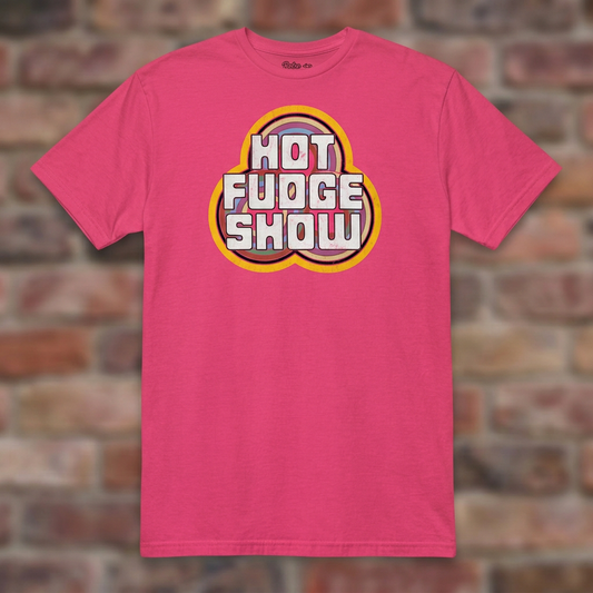 Hot Fudge Show Heliconia T-shirt flat lay on brick background