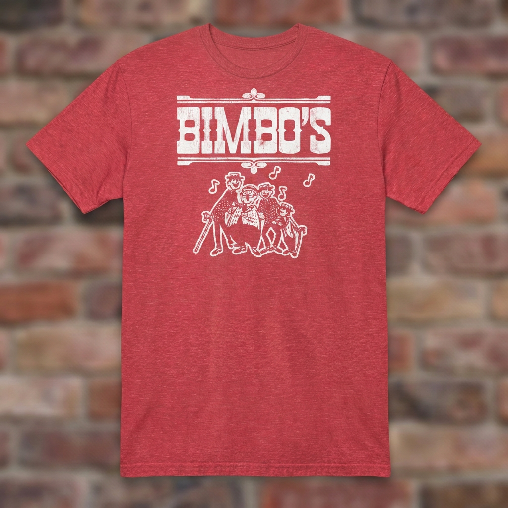 Bimbo’s Ann Arbor Heather Red T-shirt flat lay on brick background