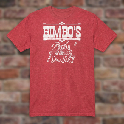 Bimbo’s Ann Arbor Heather Red T-shirt flat lay on brick background