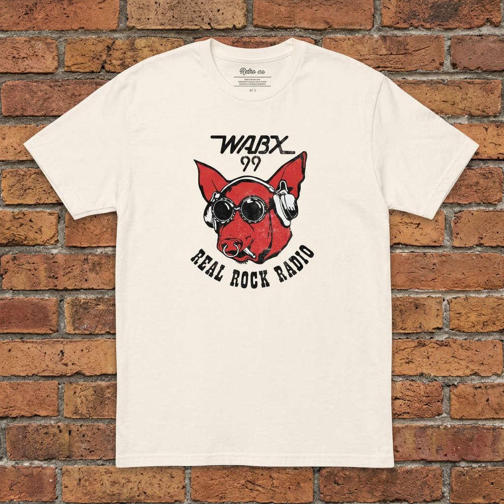 WABX Natural T-shirt flat lay on warm brick