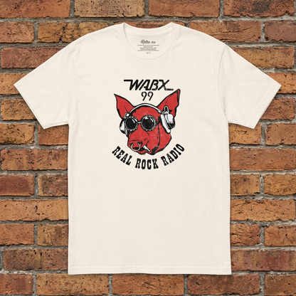 WABX Natural T-shirt flat lay on warm brick
