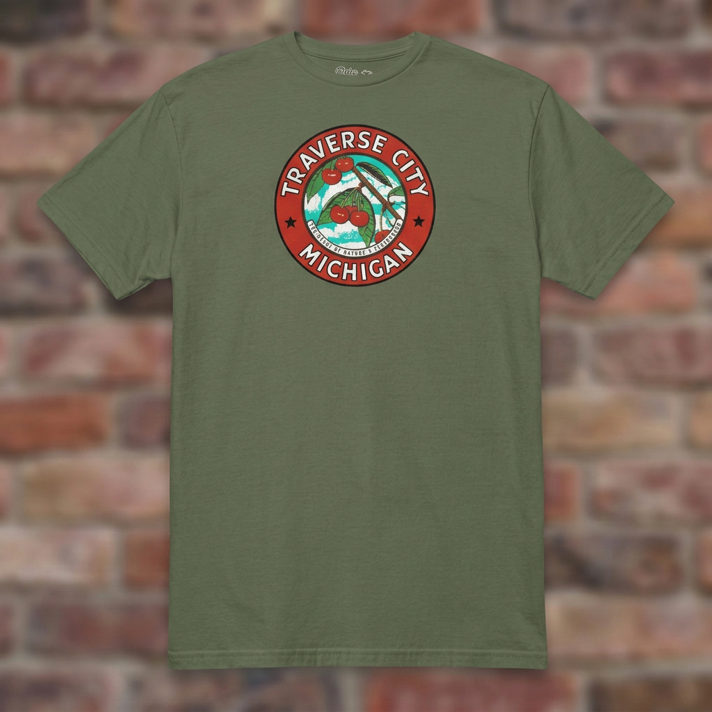 Traverse City Michigan Military Green T-shirt flat lay on brick background