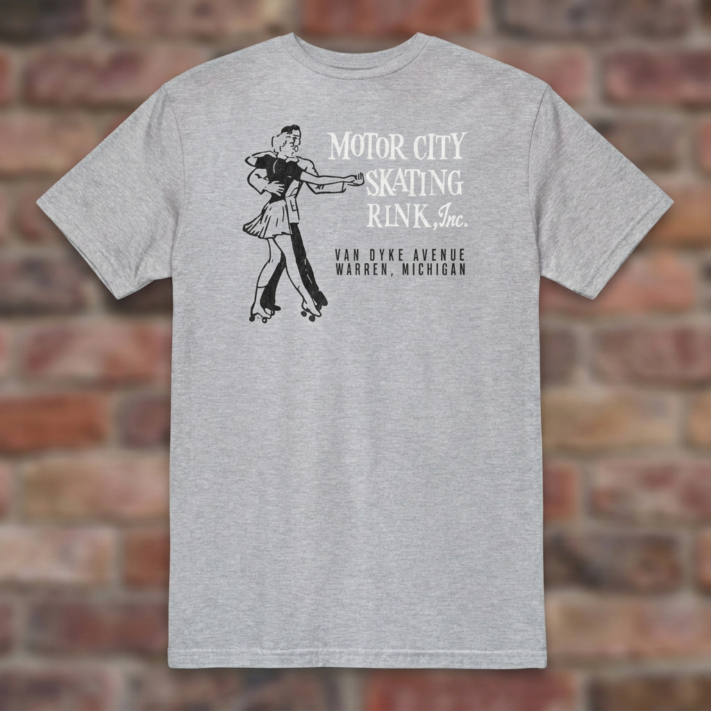 Motor City Skating Rink Sport Grey T-shirt flat lay on brick background