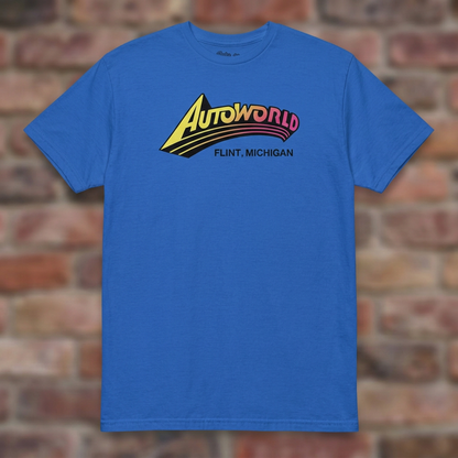 Autoworld Royal T-shirt flat lay on brick background