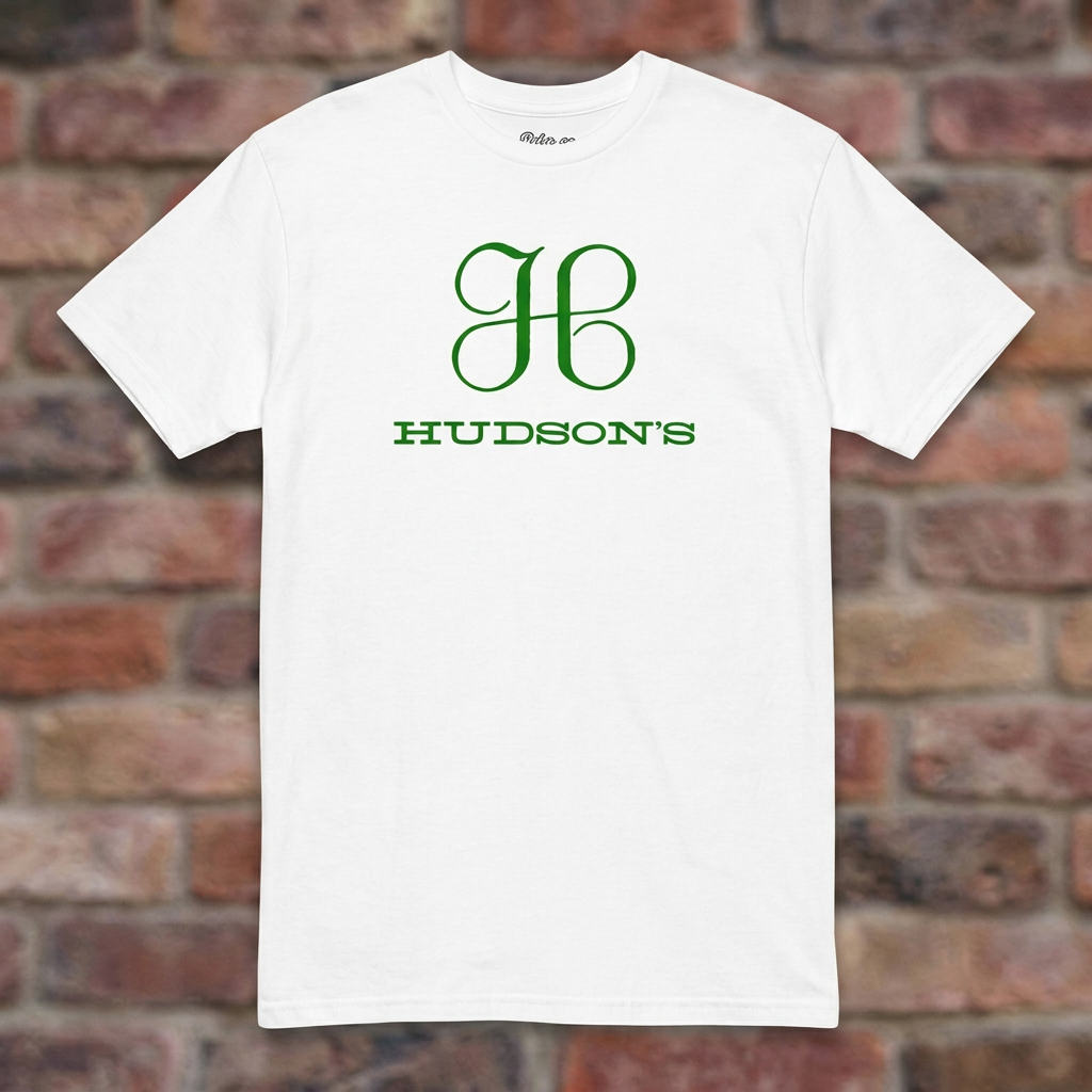 Hudson's Dept Store Detroit T-shirt in White, flat lay on warm brick background