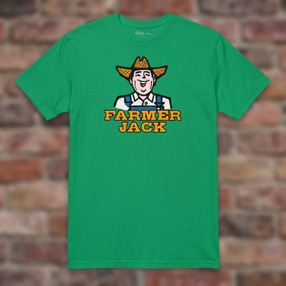 Irish Green Farmer Jack T-shirt flat lay on warm brick