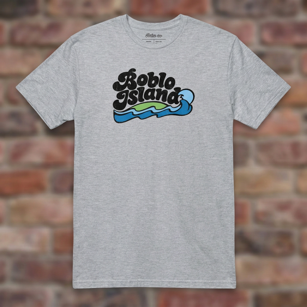 Sport Grey Boblo Island T-shirt flat lay on warm brick