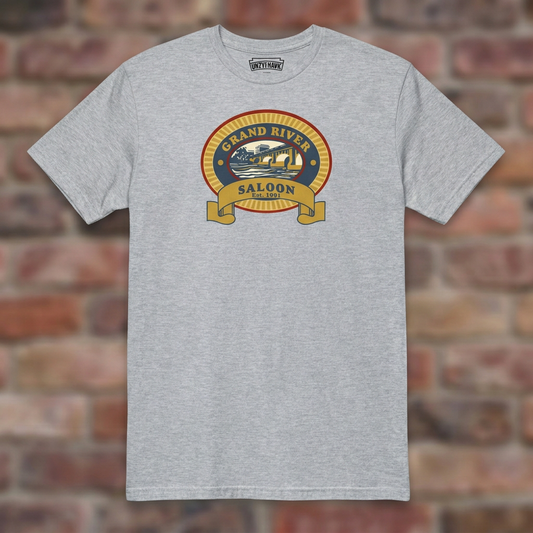 Grand River Saloon Sport Grey T-shirt flat lay on brick background