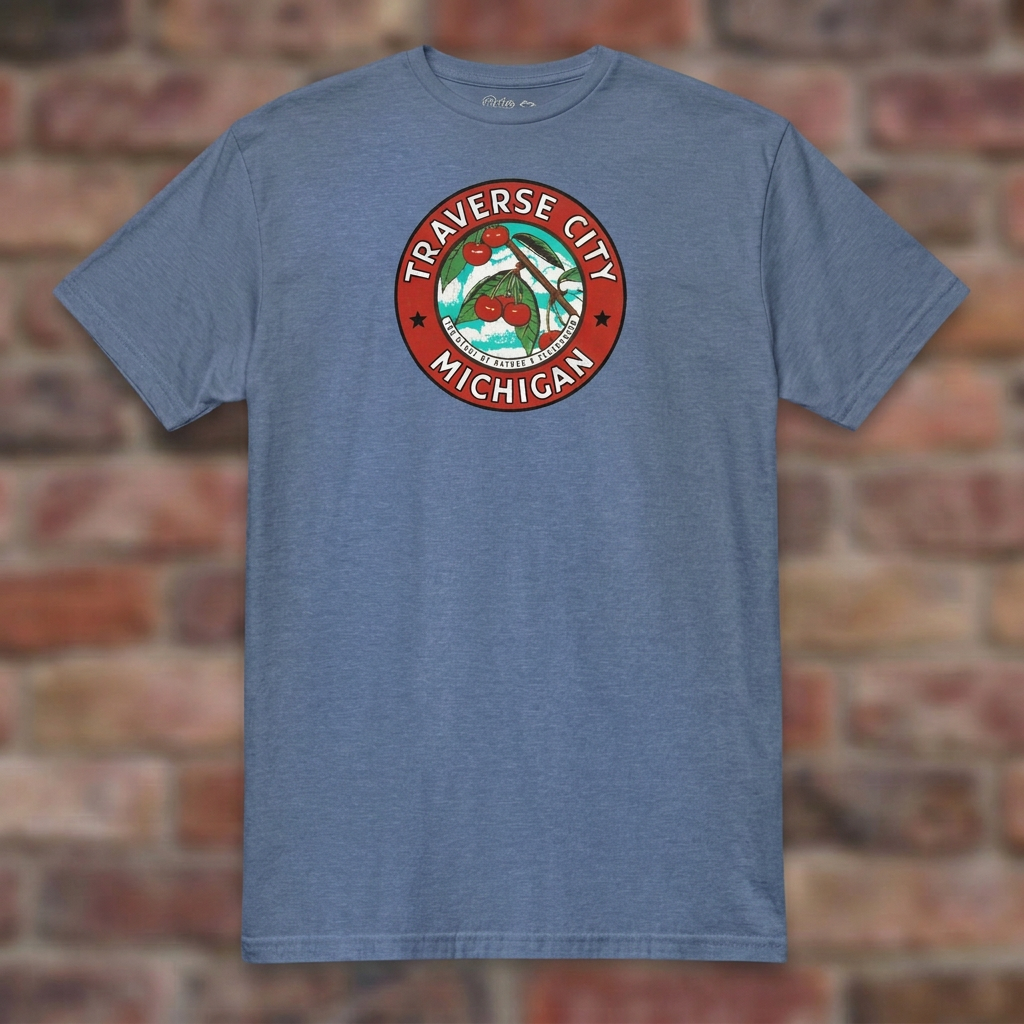 Traverse City Michigan Heather Royal T-shirt flat lay on brick background