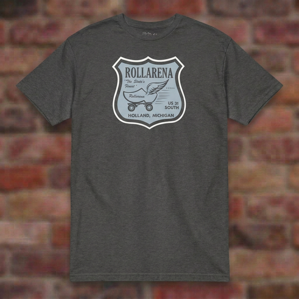 Rollarena Dark Heather T-shirt flat lay on brick background