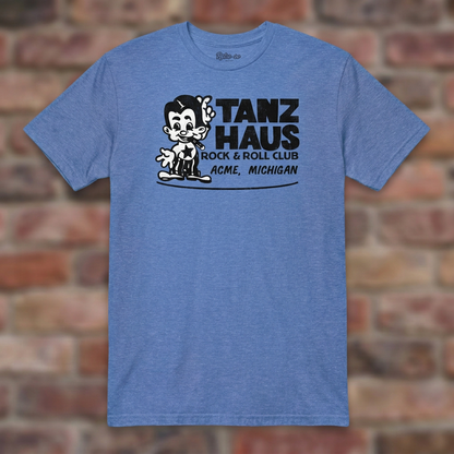 Tanz Haus Heather Royal T-shirt flat lay on warm brick