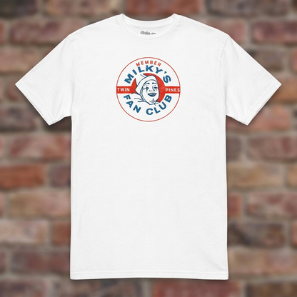Milky the Clown Fan Club T-shirt in White, flat lay on warm brick background