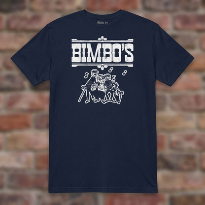 Bimbo’s Ann Arbor Navy T-shirt flat lay on brick background
