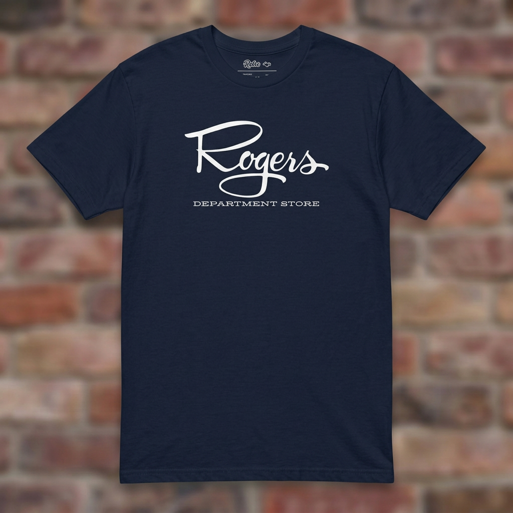 Roger's Department Store T-shirt in Navy, flat lay on warm brick background