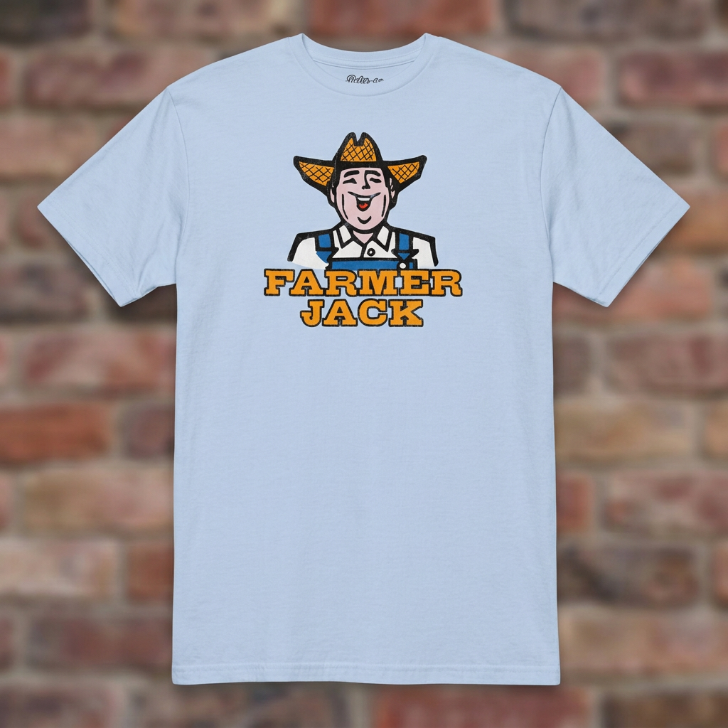 Light Blue Farmer Jack T-shirt flat lay on warm brick
