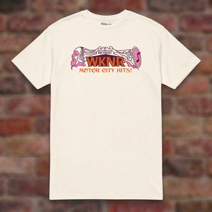 WKNR Radio Natural T-shirt flat lay on brick background
