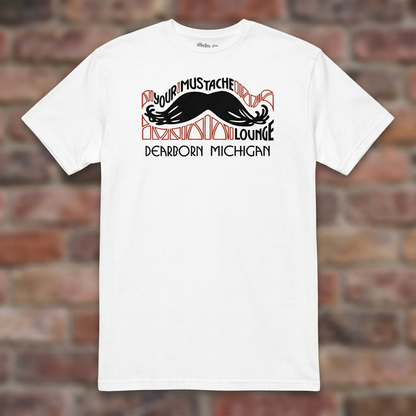 Your Mustache Lounge Dearborn White T-shirt flat lay on brick background
