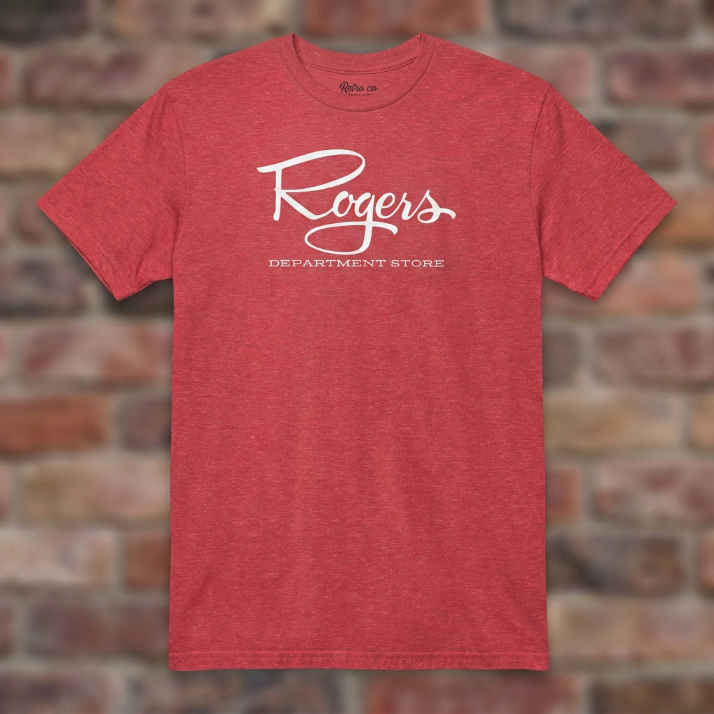 Roger's Department Store T-shirt in Heather Red, flat lay on warm brick background