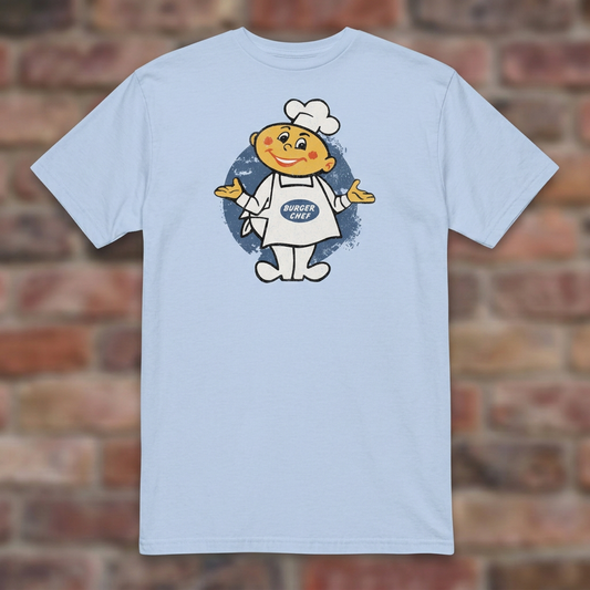 Burger Chef Light Blue T-shirt flat lay on brick background