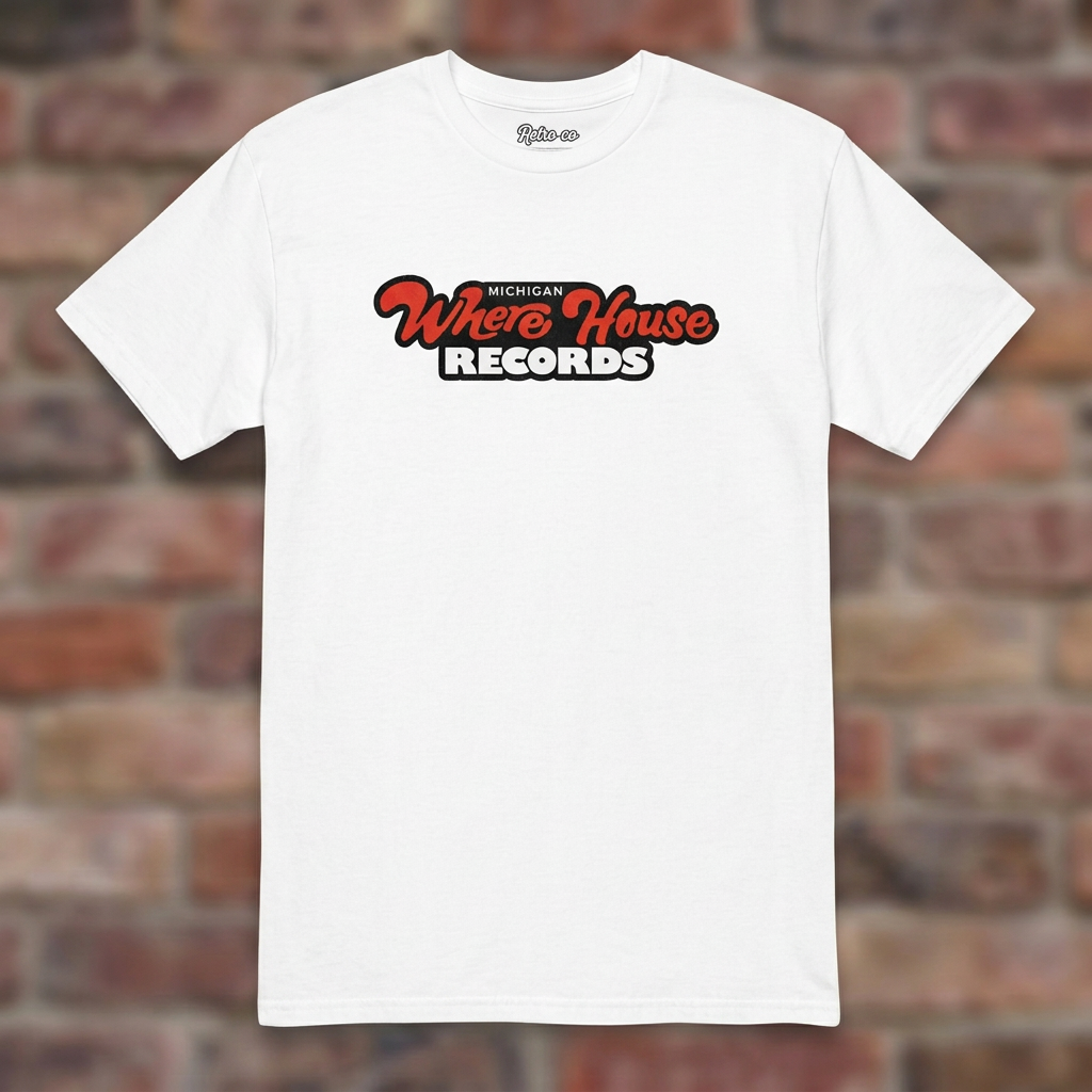 Wherehouse Records Michigan White T-shirt flat lay on brick background