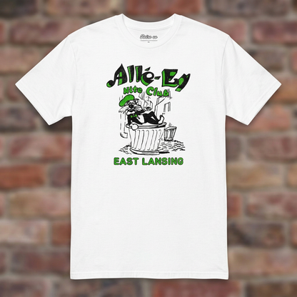 Alle-Ey Nite Club White T-shirt flat lay on brick background