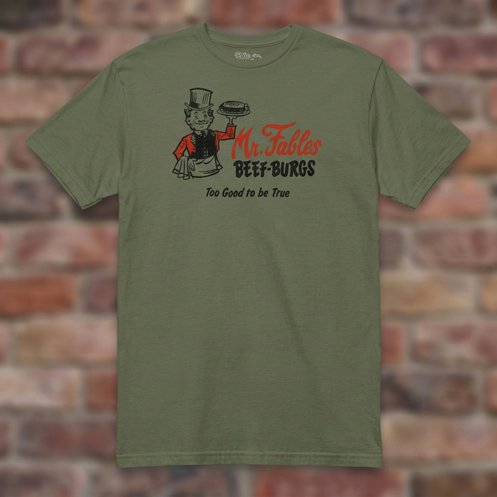 Military Green Mr. Fables T-shirt flat lay on warm brick