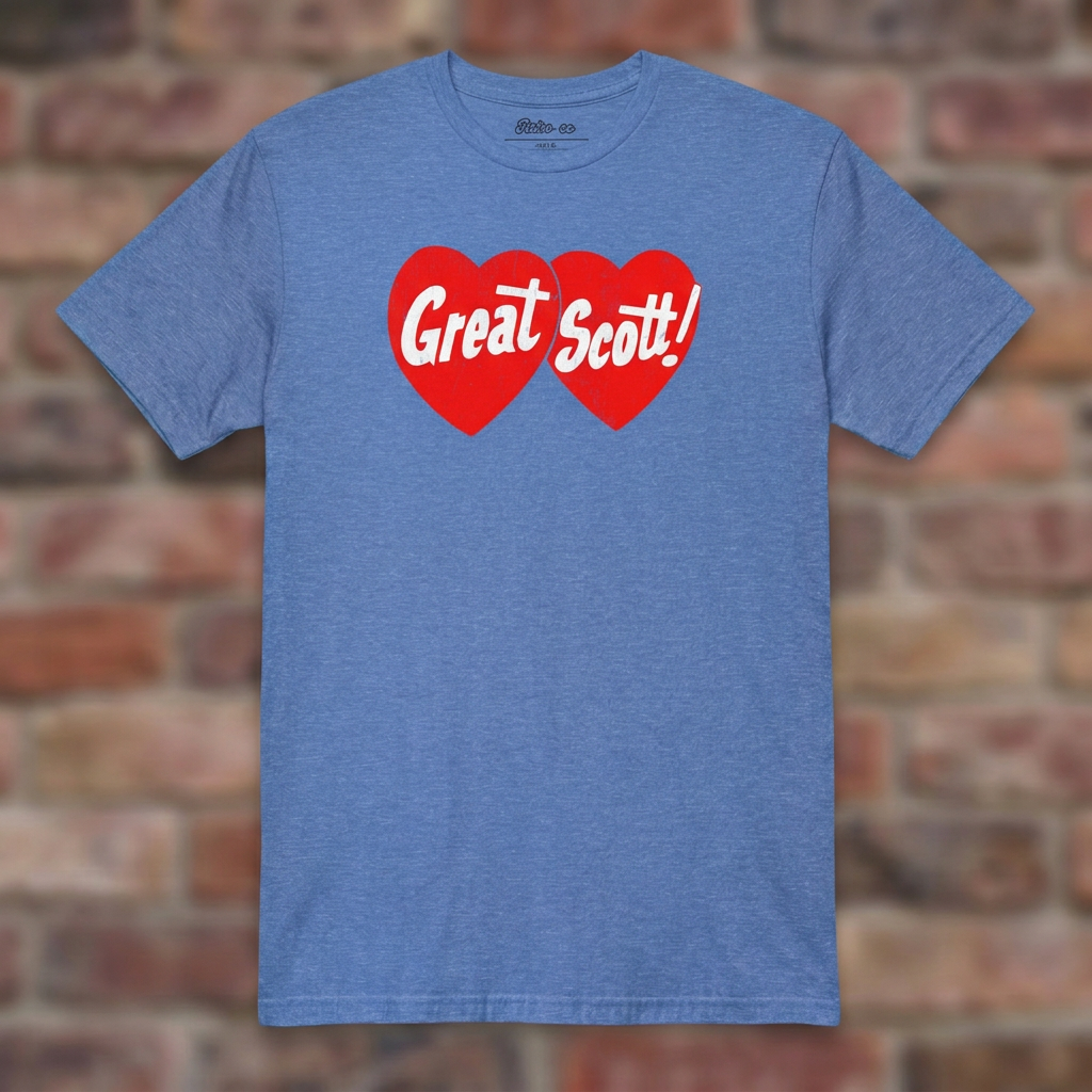Great Scott Heather Royal T-shirt flat lay on brick background