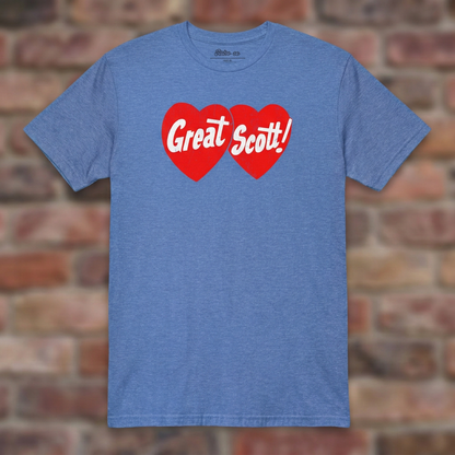 Great Scott Heather Royal T-shirt flat lay on brick background