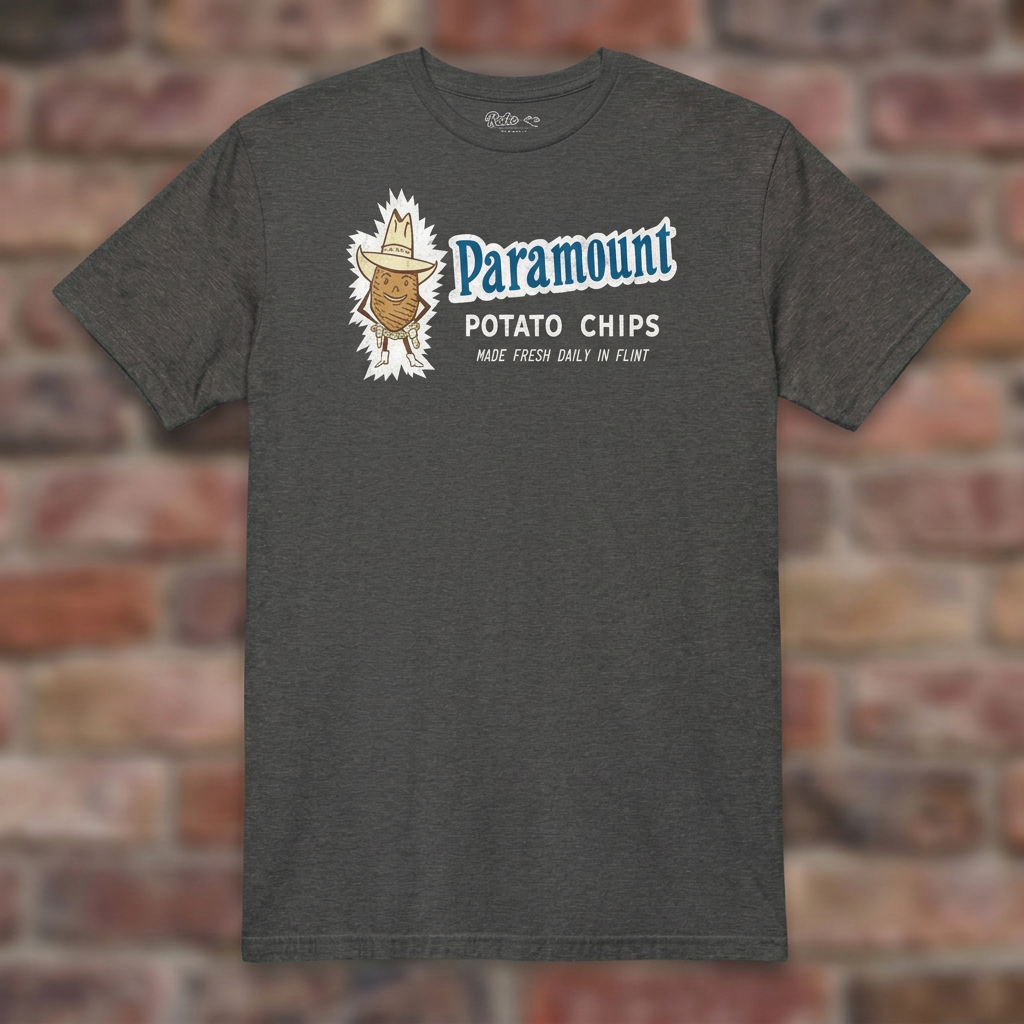 Paramount Potato Chips Dark Heather Grey T-shirt flat lay on brick background