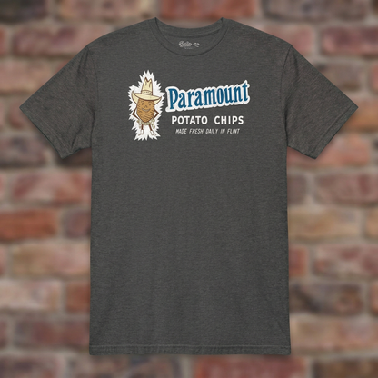 Paramount Potato Chips Dark Heather Grey T-shirt flat lay on brick background
