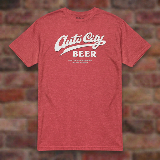 Auto City Beer Heather Red T-shirt flat lay on brick background
