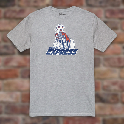 Detroit Express Soccer Sport Grey T-shirt flat lay on brick background
