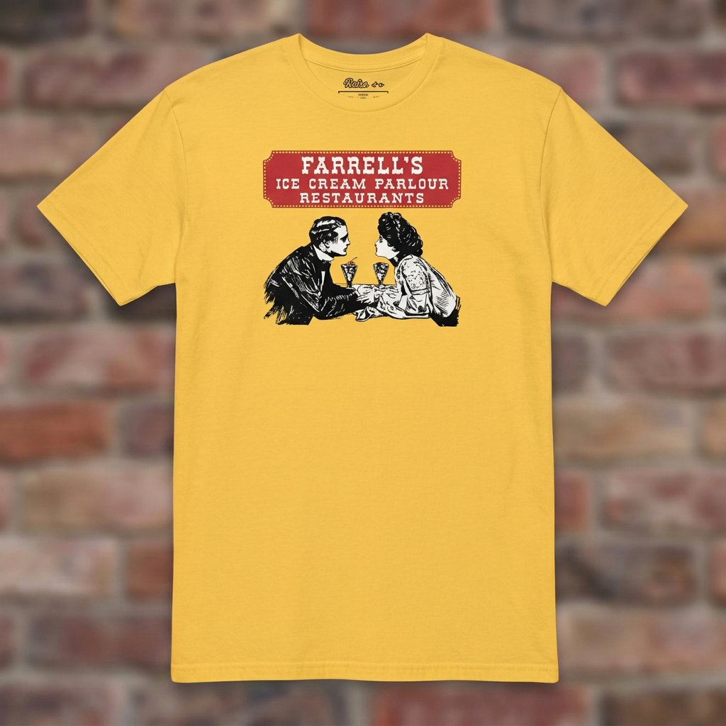 Farrell's Ice Cream Parlour Daisy T-shirt flat lay on brick background