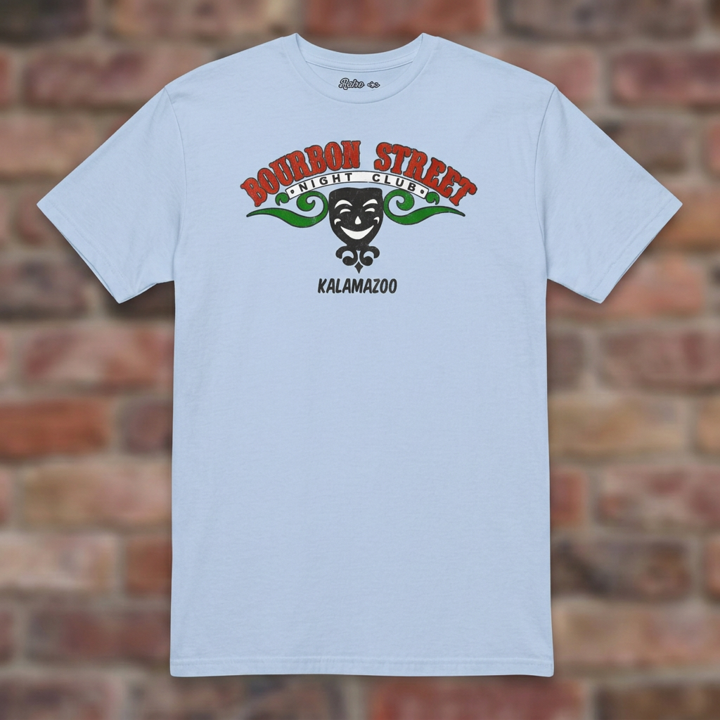 Bourbon Street Light Blue T-shirt flat lay on brick background
