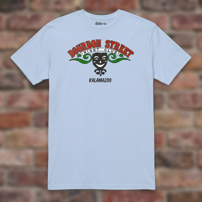 Bourbon Street Light Blue T-shirt flat lay on brick background