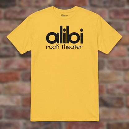 Alibi Rock Theater Daisy T-shirt flat lay on brick background