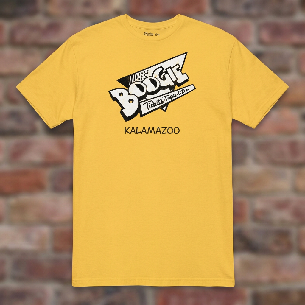 Boogie Records Daisy T-shirt flat lay on brick background