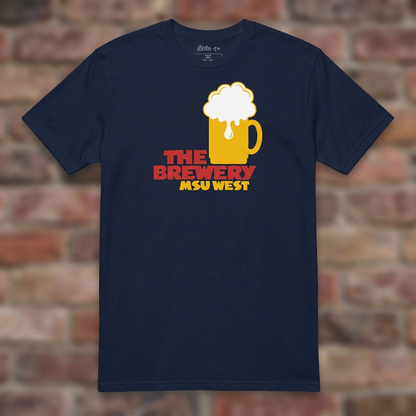 The Brewery East Lansing Navy T-shirt flat lay on brick background