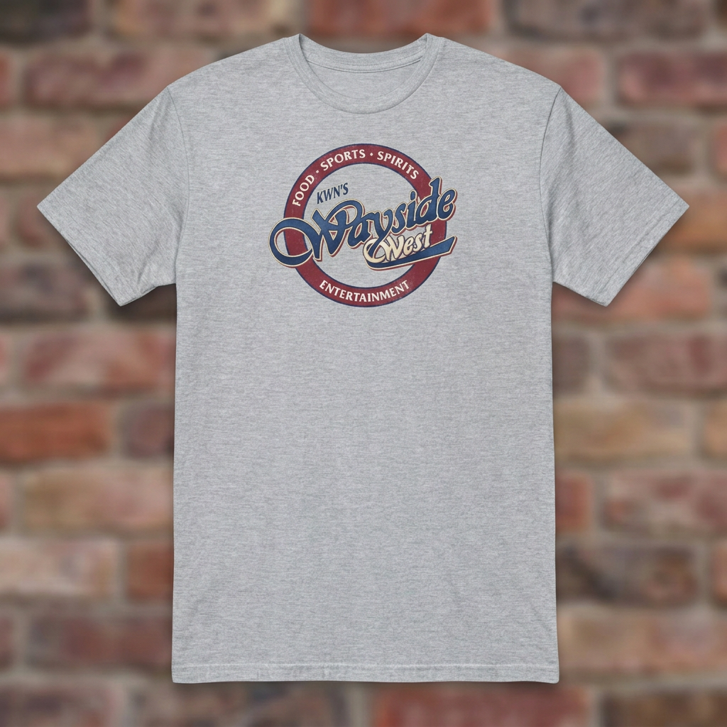 Wayside West Sport Grey T-shirt flat lay on brick background