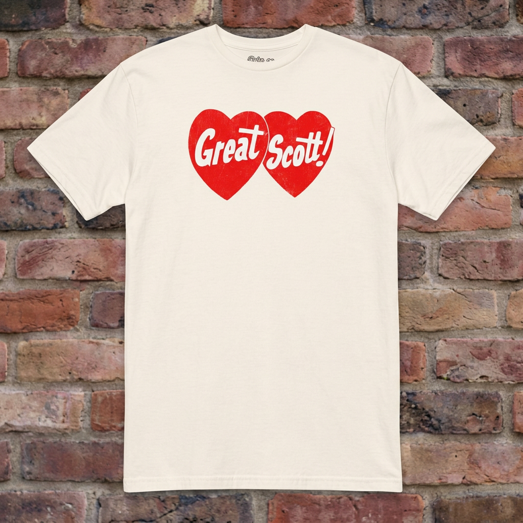 Great Scott Natural T-shirt flat lay on brick background