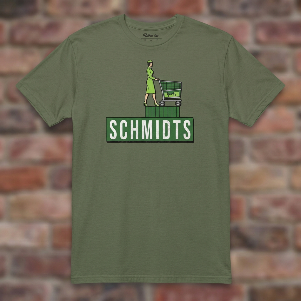 Schmidts Military Green T-shirt flat lay on brick background