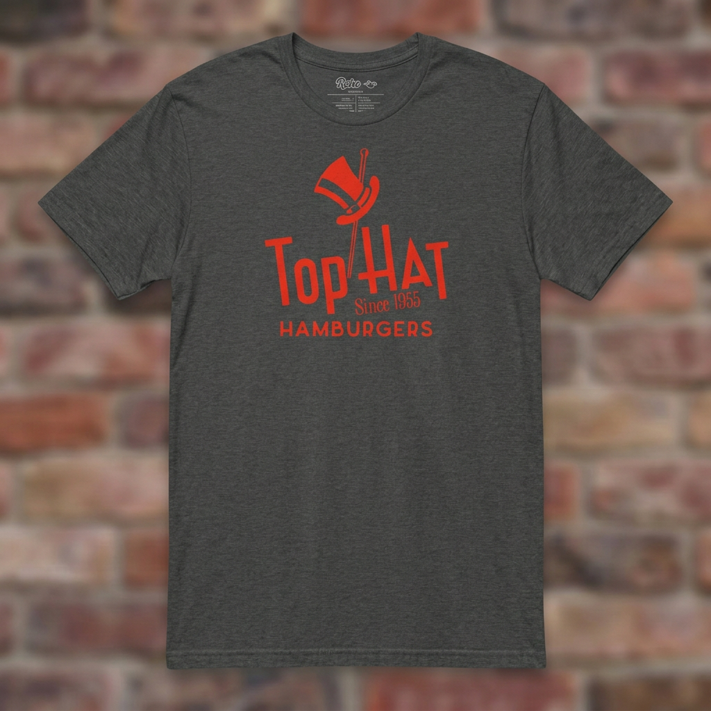 Top Hat Hamburgers Dark Heather Grey T-shirt flat lay on brick background