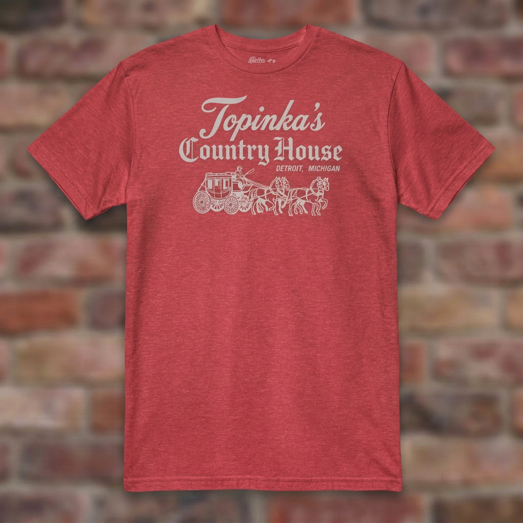 Topinka's Heather Red T-shirt flat lay on brick background