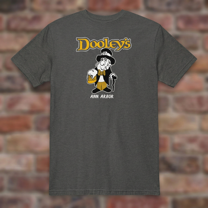 Dooley's Ann Arbor Dark Heather Grey T-shirt flat lay on brick background