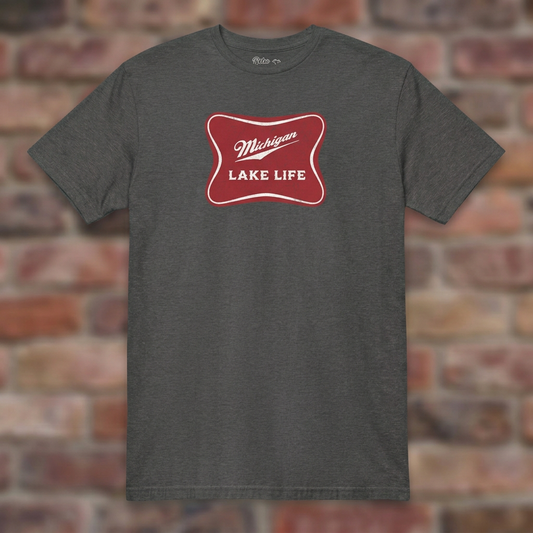 Michigan Lake Life Dark Heather Grey T-shirt flat lay on brick background